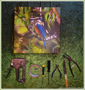 Tools of the trade. Printed and stretched over internal frame.